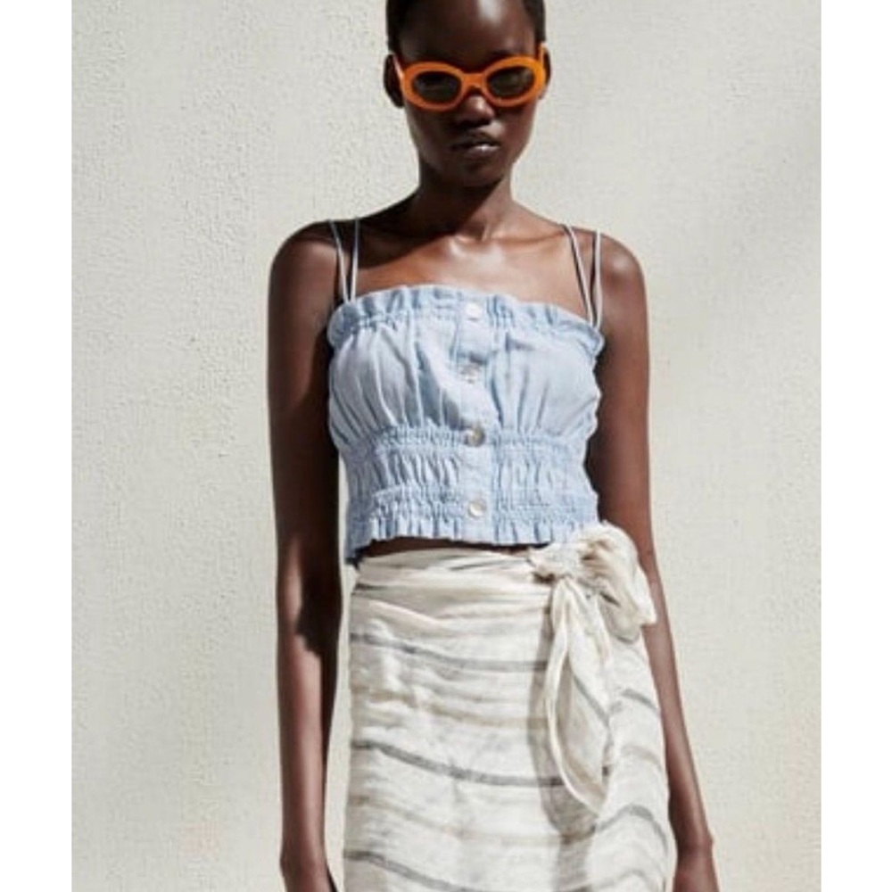 Zara blue linen blend button tank